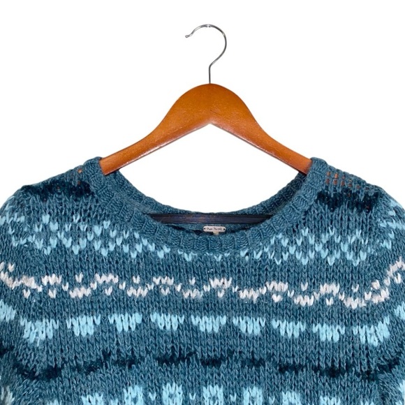 Free People Through the Storm Sea Blue Fair Isle Chunky Knit Long Sleeve Sweater - Picture 4 of 6